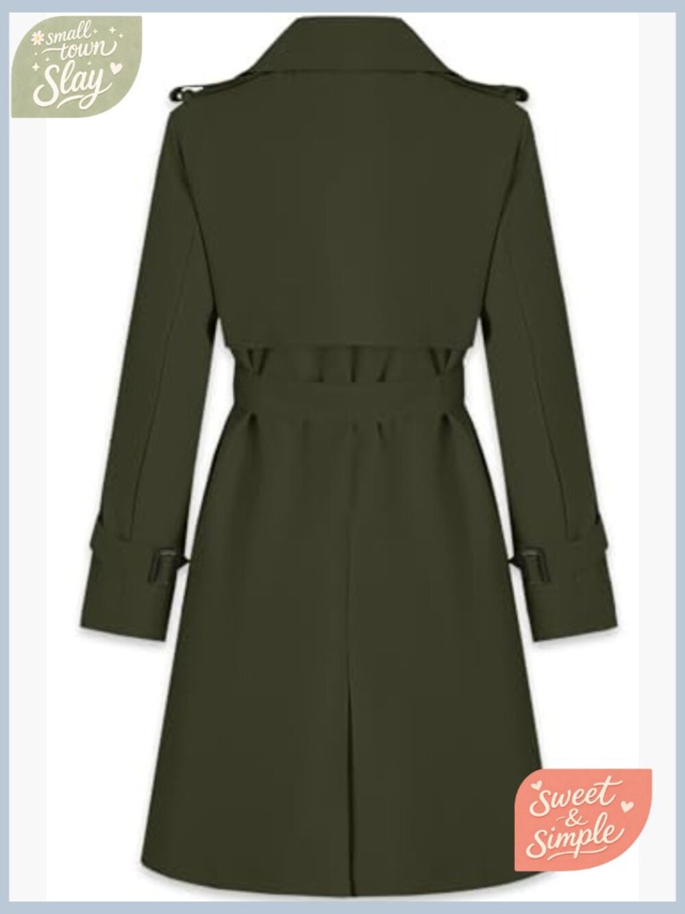 Women's Double Breasted Trench Coat with Belt, Notched Collar, Long Sleeve - Picture 4 of 7